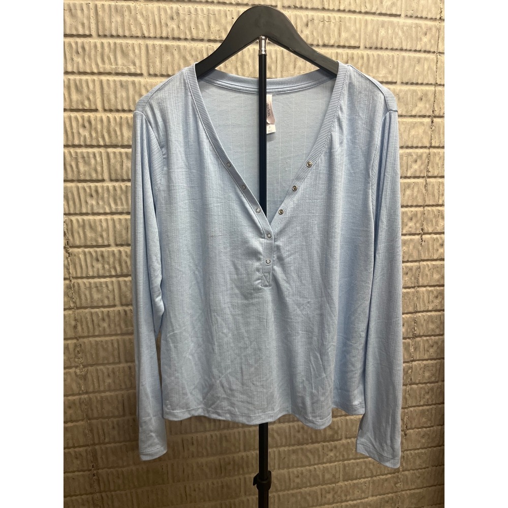 Auden Light Blue Ribbed Henley Long Sleeve Sleep Top XXL V-Neck Snap Button
